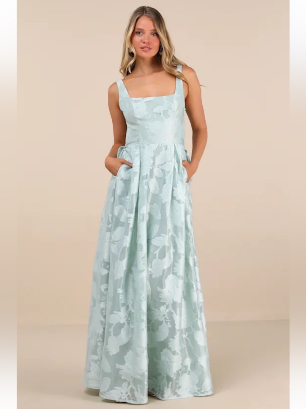 NWOT Lulus Perfected Aura Sage Jacquard Tie-Back Maxi Dress with Pockets